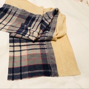 Blanket Scarf Cashmere Cableknit Blue & Cream White Wool Plaid Mixed Media Wrap